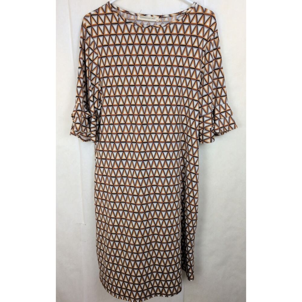 Tiffany and Grey geometric print ruffle bell sleeve dress Size Med Boho Retro